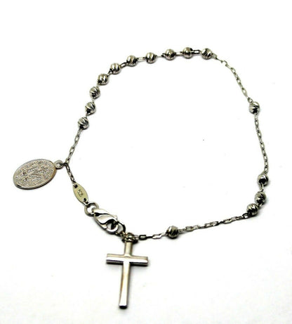 Genuine 18ct 750 White Gold Rosary Beads Cross Bracelet