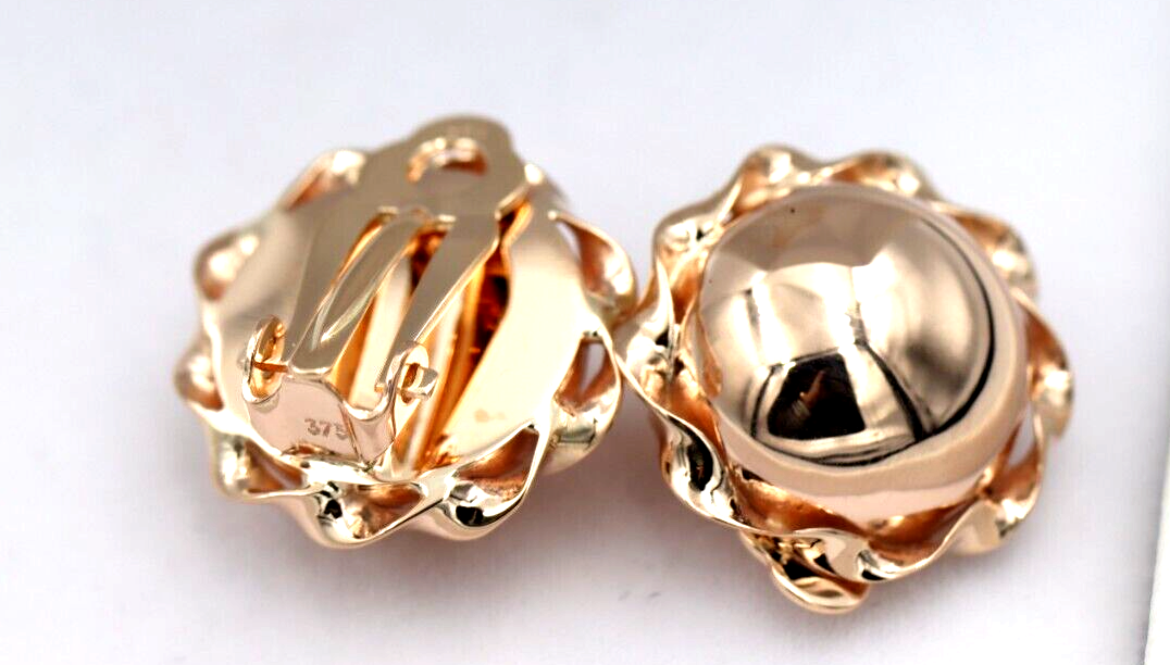 Genuine 9ct 9k 375 Yellow, Rose or White Gold Clip On Large 14mm Twisted Half Ball Round Earrings