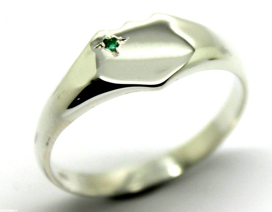 Size R Solid Genuine Large Mens Sterling Silver Shield Green Emerald Signet Ring