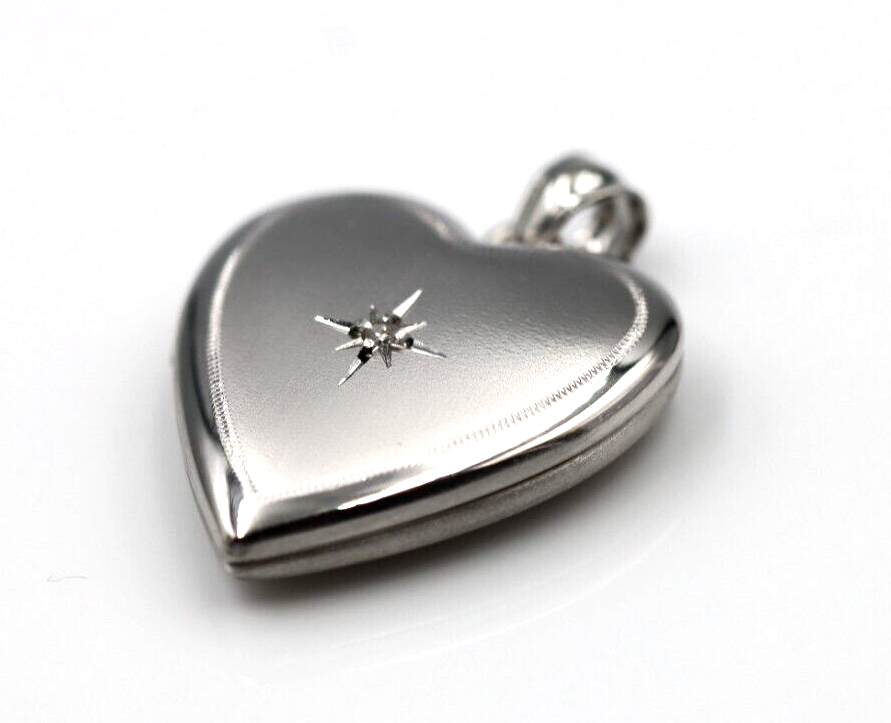 Sterling Silver 925 Heart Diamond Heart Brushed/Polished Locket