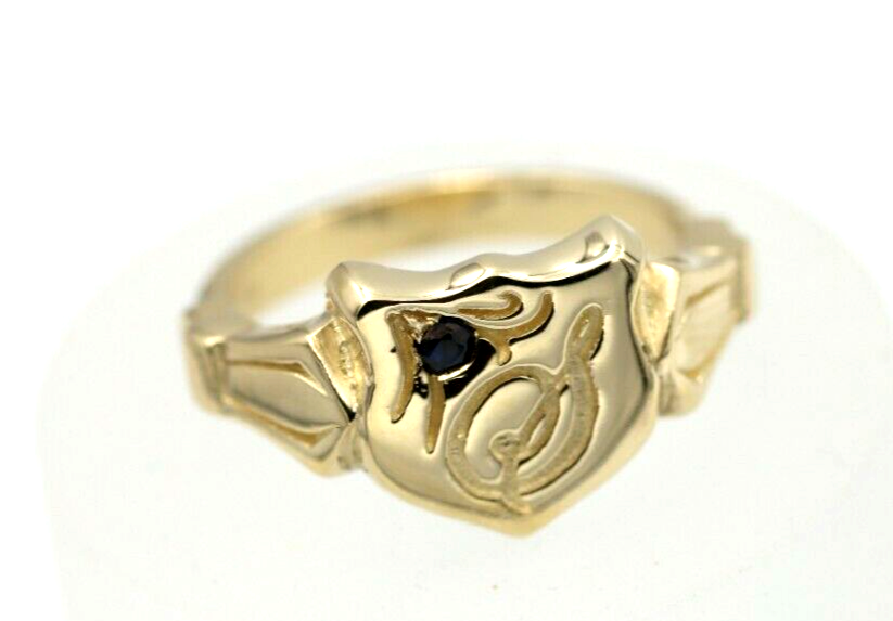 Solid Australian Sapphire 9ct Yellow Gold Shield Signet Ring Size K Engraved with Letter S