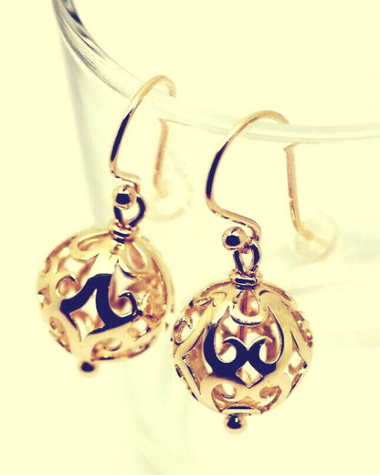 Genuine 9ct 9k Yellow, Rose or White Gold Large Heavy 14mm Euro Ball Drop Filigree Earrings