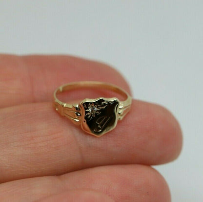 Genuine 9ct Small Yellow, Rose or White Gold Cubic Zirconia Shield Signet Ring Engraving of one initial