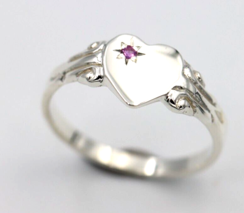 Kaedesigns Sterling Silver 925 Heart Pink Sapphire Set Signet Ring - Choose your size