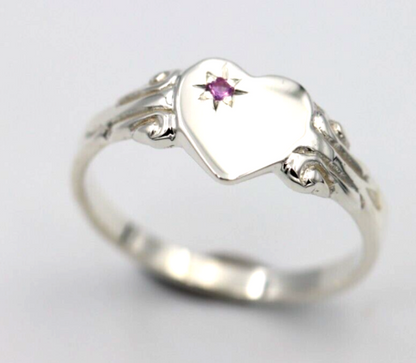 Kaedesigns Sterling Silver 925 Heart Pink Sapphire Set Signet Ring - Choose your size