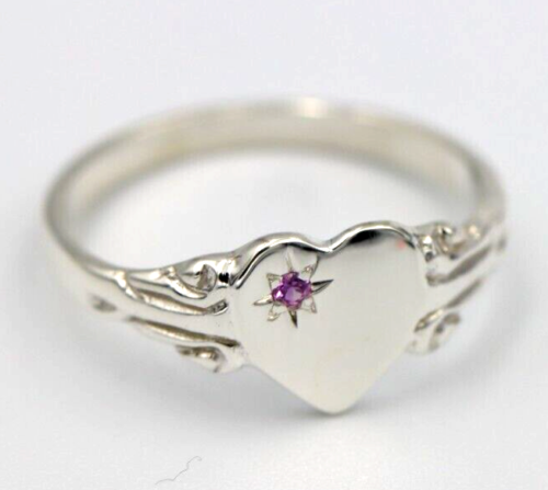 Kaedesigns Sterling Silver 925 Heart Pink Sapphire Set Signet Ring - Choose your size