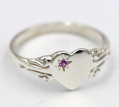 Kaedesigns Sterling Silver 925 Heart Pink Sapphire Set Signet Ring - Choose your size