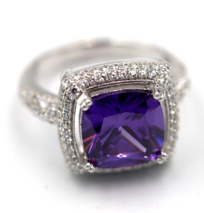 Size M Sterling Silver Purple Created Amethyst + Cubic Zirconia Ring