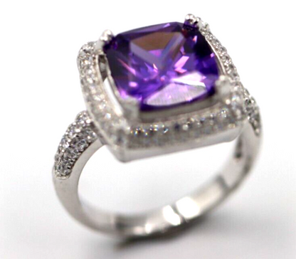 Size M Sterling Silver Purple Created Amethyst + Cubic Zirconia Ring