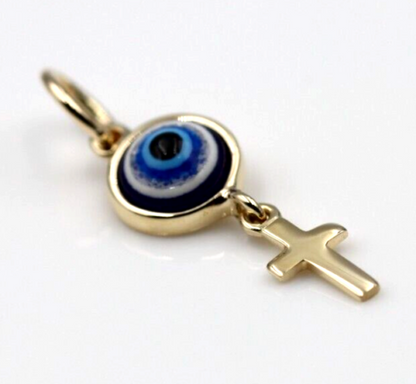 Genuine 9ct Yellow, Rose or White Gold Greek Mati Nazar Lucky 7mm Evil Eye + Cross Charm or Pendant