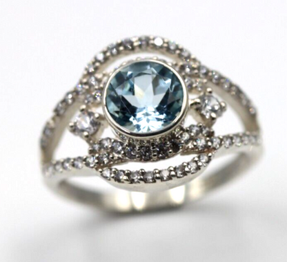 Size O / 7 Genuine Sterling Silver Fancy Blue Topaz CZ Ring