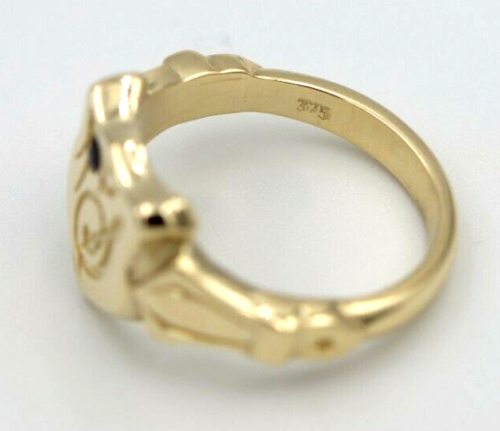 Solid Australian Sapphire 9ct Yellow Gold Shield Signet Ring Size K Engraved with Letter S