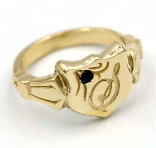 Solid Australian Sapphire 9ct Yellow Gold Shield Signet Ring Size K Engraved with Letter S