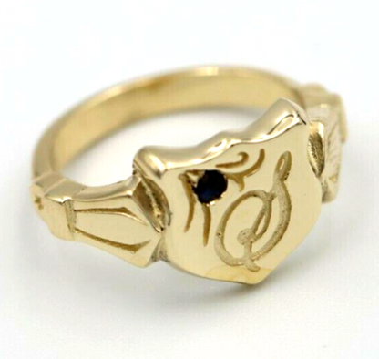 Solid Australian Sapphire 9ct Yellow Gold Shield Signet Ring Size K Engraved with Letter S