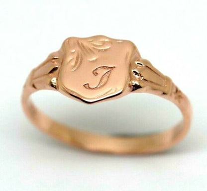 Genuine 9ct 9kt Yellow, Rose or White Gold Shield Signet Ring + Engraving of one initial