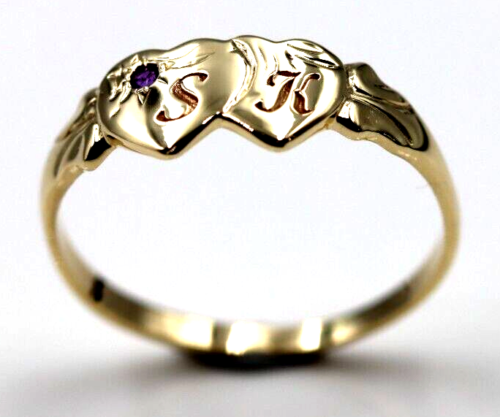 Genuine 9ct 9k 375 Yellow Gold Double Heart Yellow Purple Amethyst February Birthstone Signet Ring In your size + Engraving