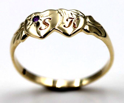 Genuine 9ct 9k 375 Yellow Gold Double Heart Yellow Purple Amethyst February Birthstone Signet Ring In your size + Engraving
