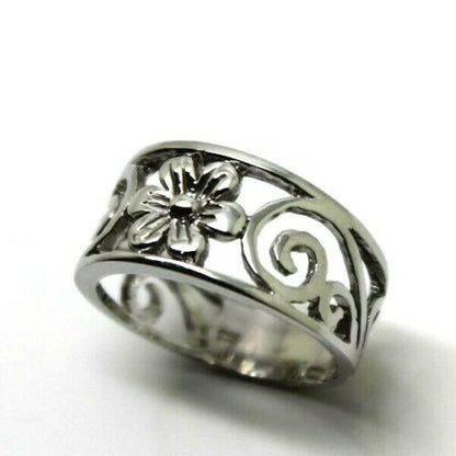 Genuine Ring Size P - Solid 9ct 9k 375 White Gold Swirl Flower Wide Ring