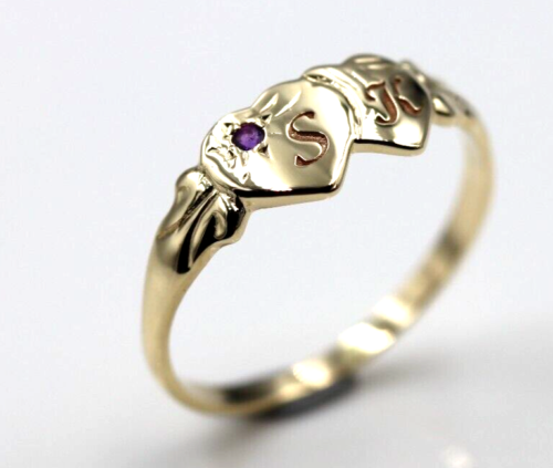 Genuine 9ct 9k 375 Yellow Gold Double Heart Yellow Purple Amethyst February Birthstone Signet Ring In your size + Engraving