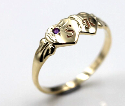 Genuine 9ct 9k 375 Yellow Gold Double Heart Yellow Purple Amethyst February Birthstone Signet Ring In your size + Engraving