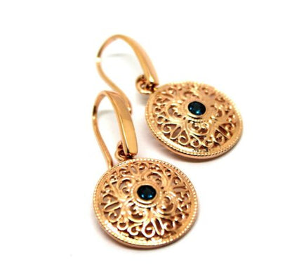Genuine 9ct Solid Yellow, Rose or White Gold Round London Blue Topaz Filigree Earrings
