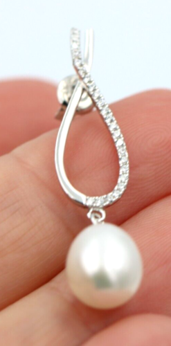 Sterling Silver 925 Freshwater Oval CZ White Pearl Ball Earrings