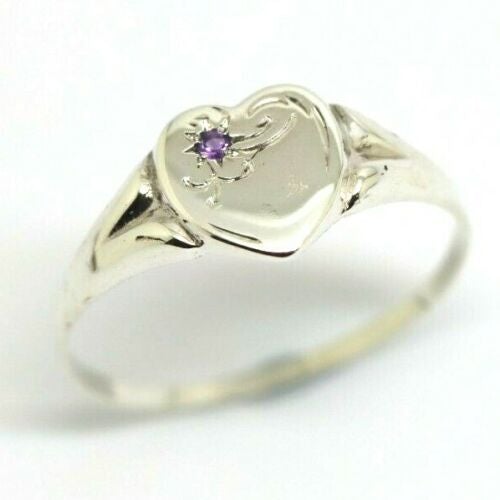 Genuine Large Sterling Silver Heart Set with Amethyst Signet Ring - Choose your size