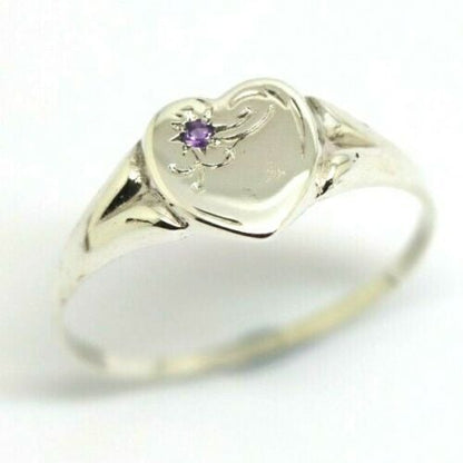 Genuine Large Sterling Silver Heart Set with Amethyst Signet Ring - Choose your size
